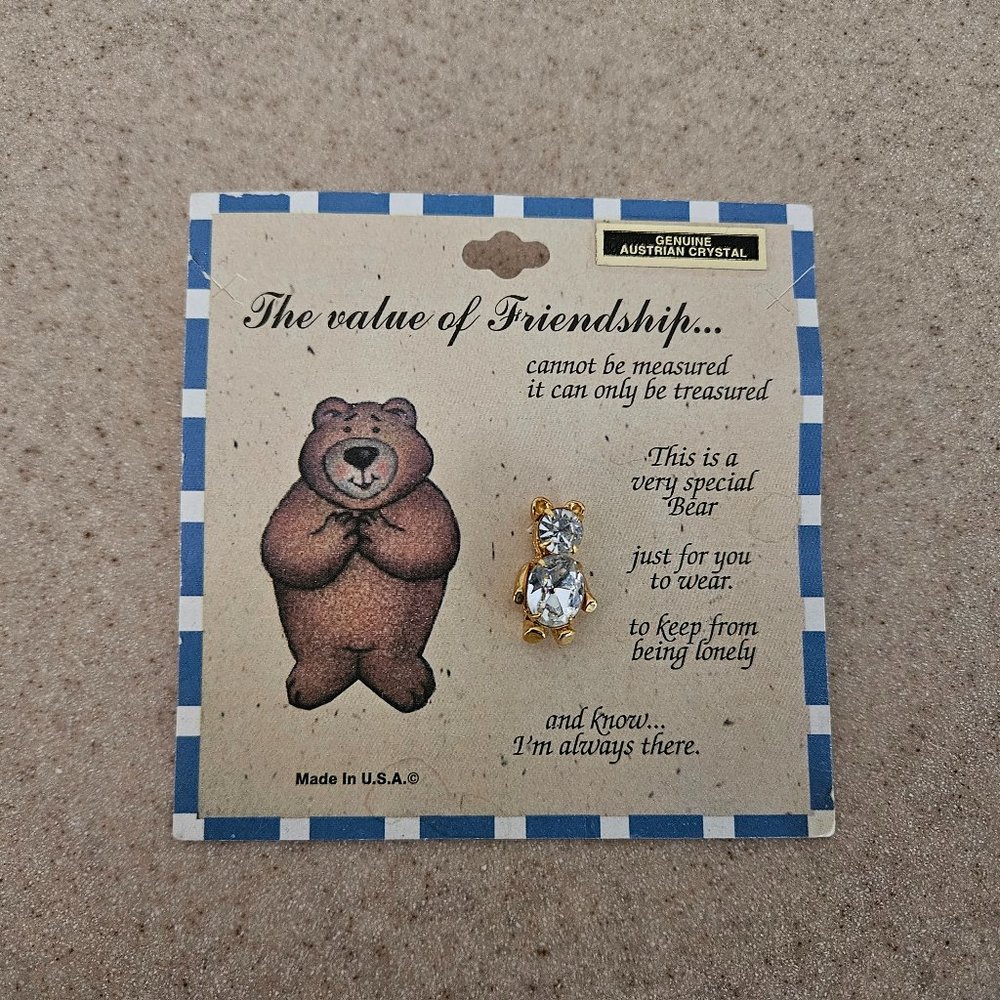 RARE VINTAGE AUSTRIAN CRYSTAL TEDDY BEAR PIN BROOCH & VALUE OF FRIENDSHIP CARD